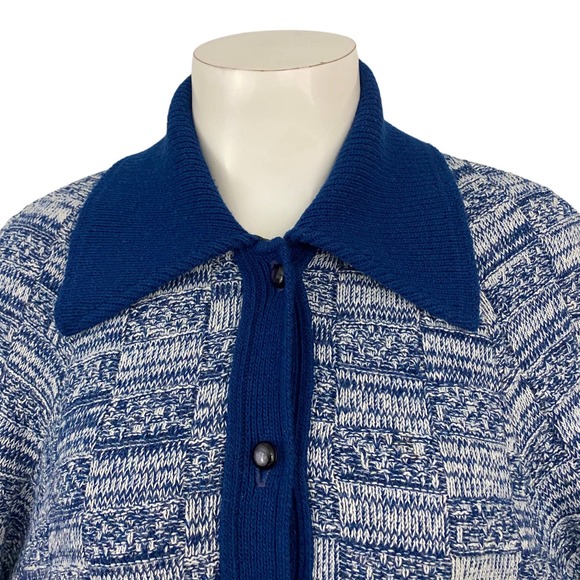 Vintage Blue and White Knit Sweater Cape with Fringe Trim - Picture 2 of 5